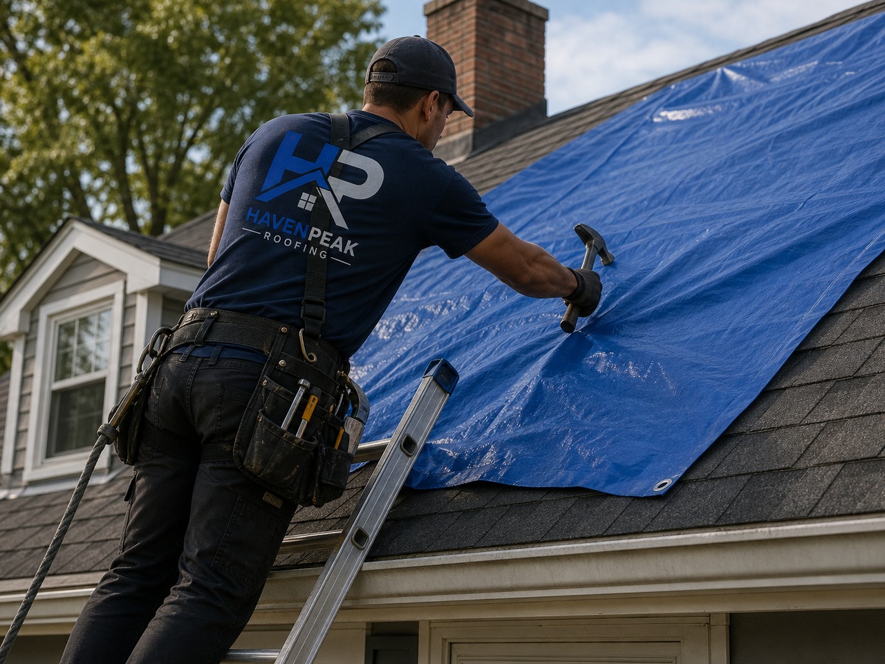 HavenPeak Roofing technician applying an emergency tarp on a wet roof
