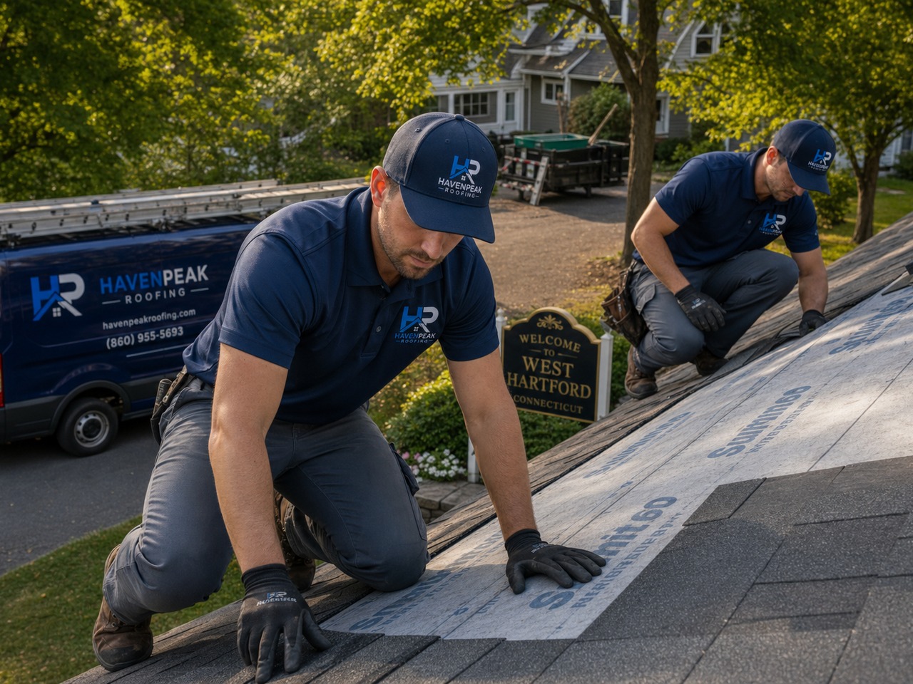 HavenPeak Roofing crew inspecting shingles and underlayment during a roof assessment in West Hartford